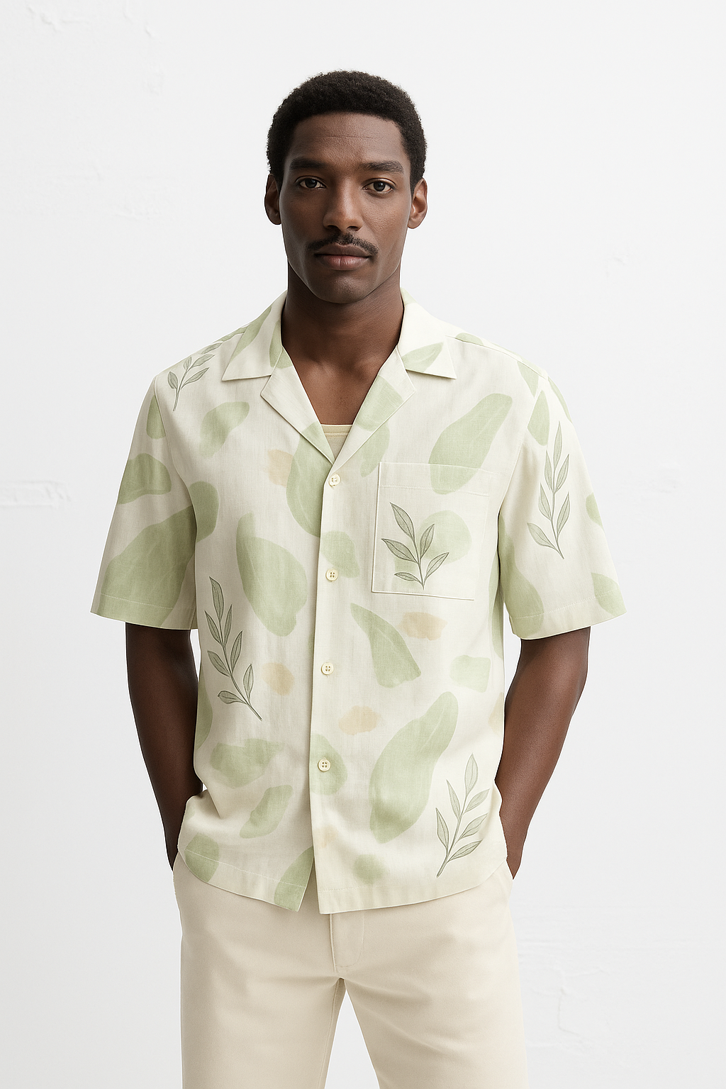 White Leaf Botanical Printed Shirt — Men's Relaxed Fit Short Sleeve