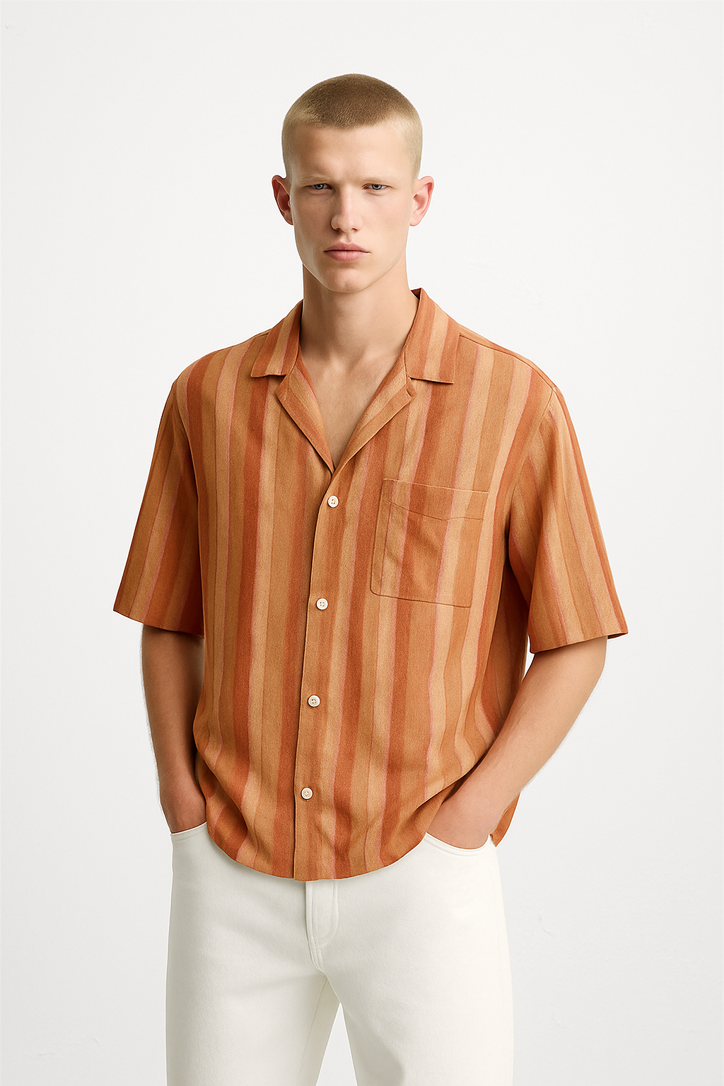 Rust Brushstripe Printed Cotton Shirt — Men's Relaxed Fit Short Sleeves