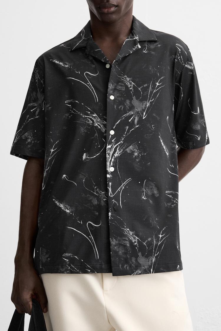Black Abstract Brushstroke Printed Shirt - Mens Relaxed Fit Half Sleeves