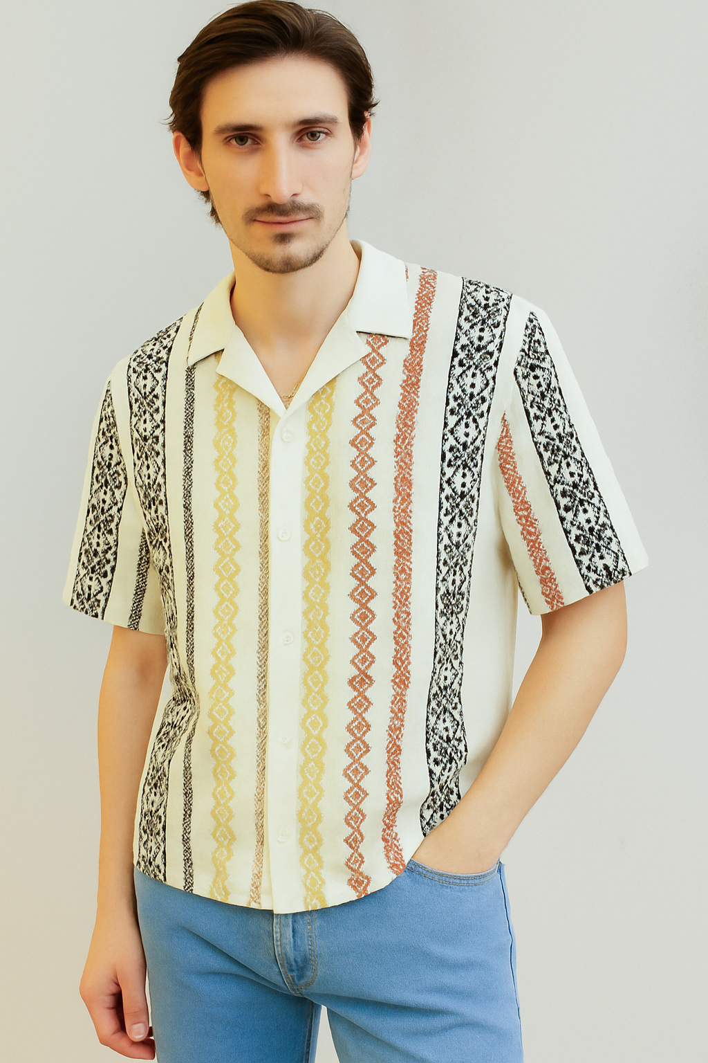Multi-Stripe Cotton Shirt— Men's Relaxed Fit Short Sleeves