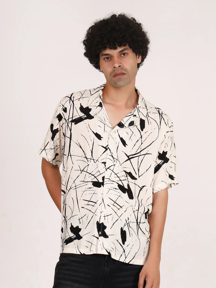 White Abstract Brushstroke Printed Shirt - Mens Relaxed Fit Half Sleeves