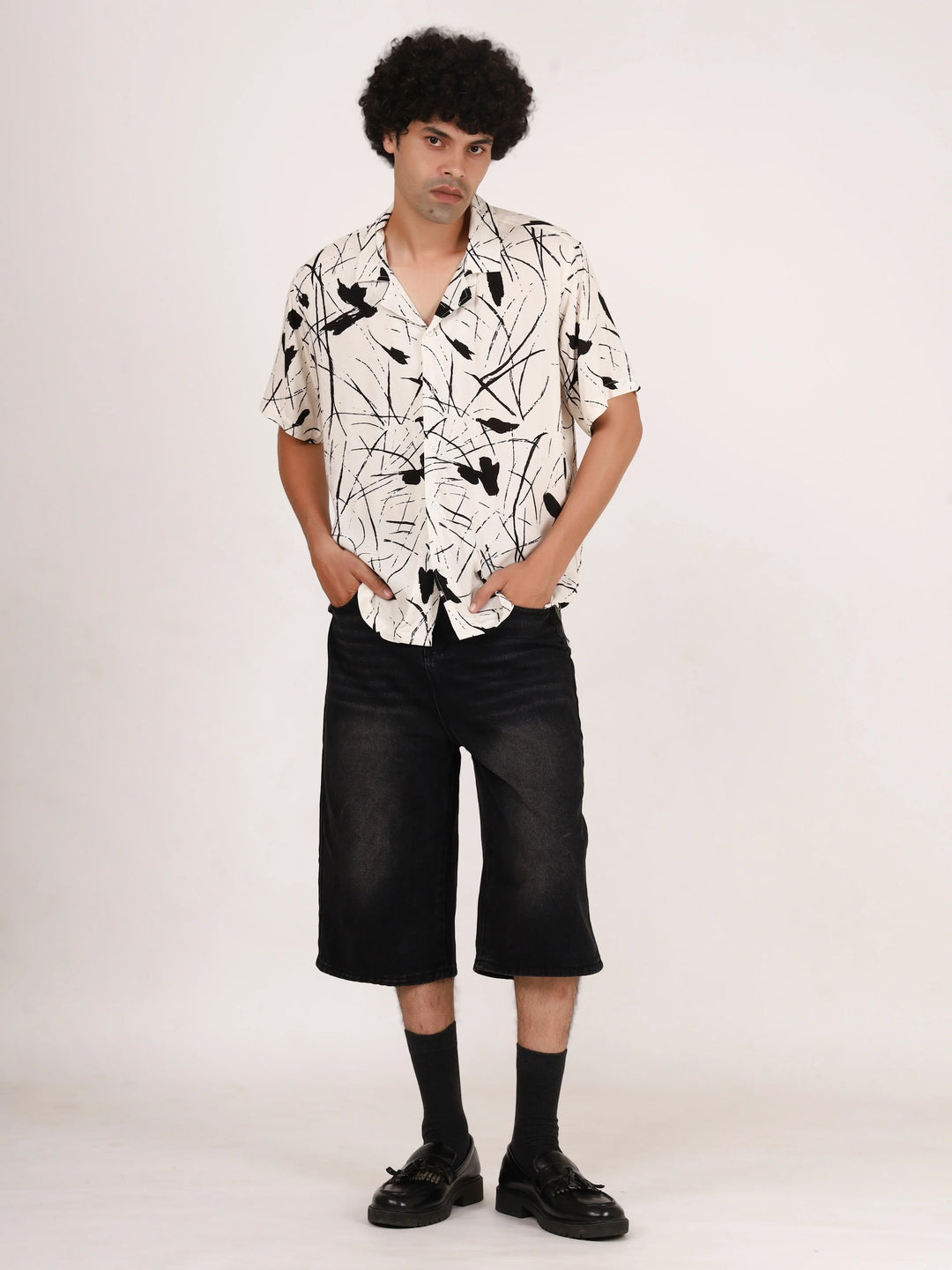 White Abstract Brushstroke Printed Shirt - Mens Relaxed Fit Half Sleeves