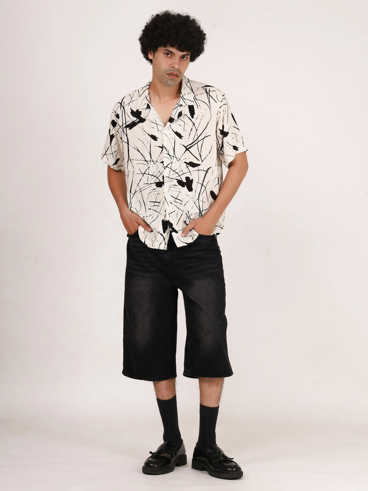 White Abstract Brushstroke Printed Shirt - Mens Relaxed Fit Half Sleeves