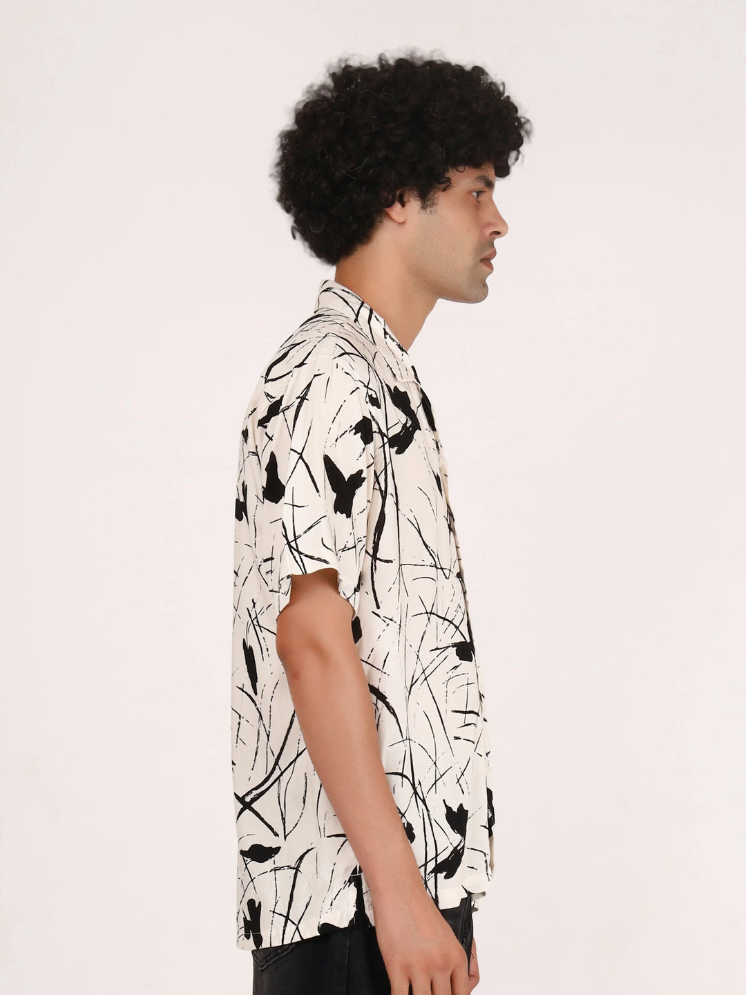 White Abstract Brushstroke Printed Shirt - Mens Relaxed Fit Half Sleeves