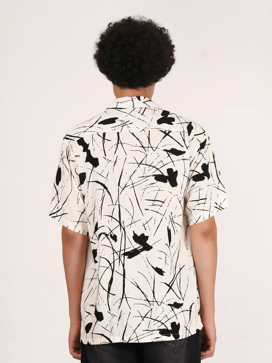 White Abstract Brushstroke Printed Shirt - Mens Relaxed Fit Half Sleeves