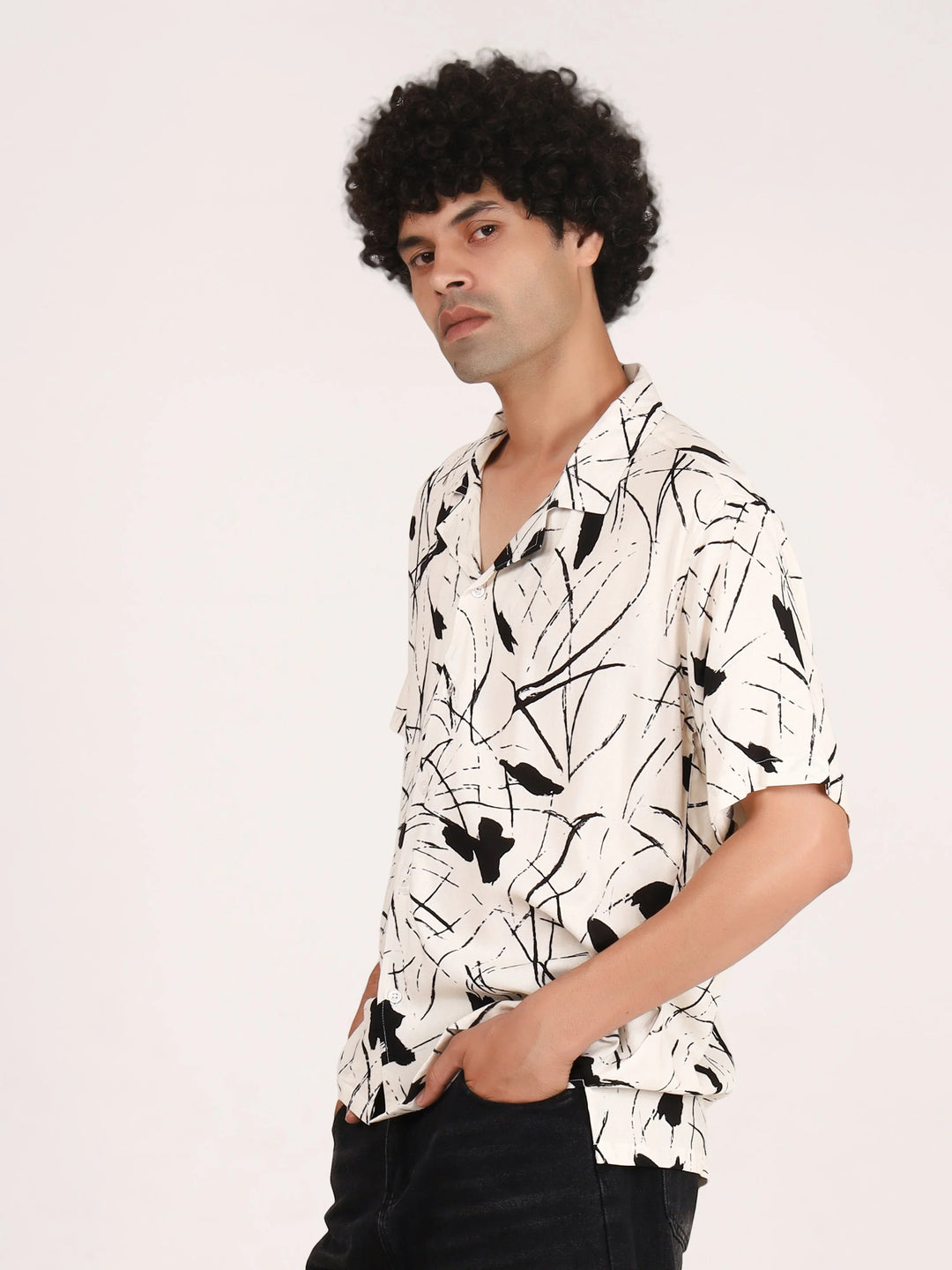 White Abstract Brushstroke Printed Shirt - Mens Relaxed Fit Half Sleeves