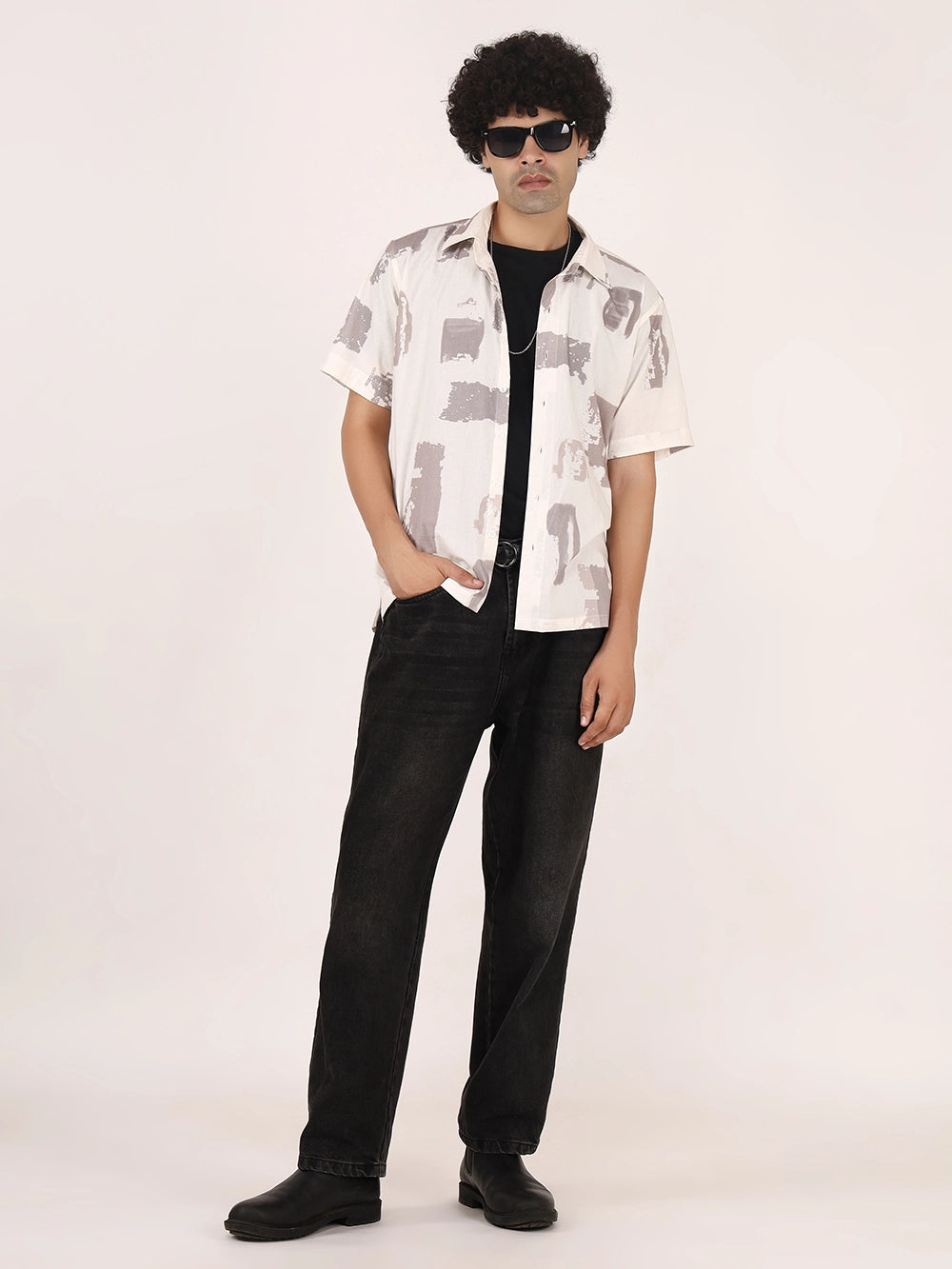 Brushstroke Off-White Cotton Shirt – Half Sleeves | Bristow Collection