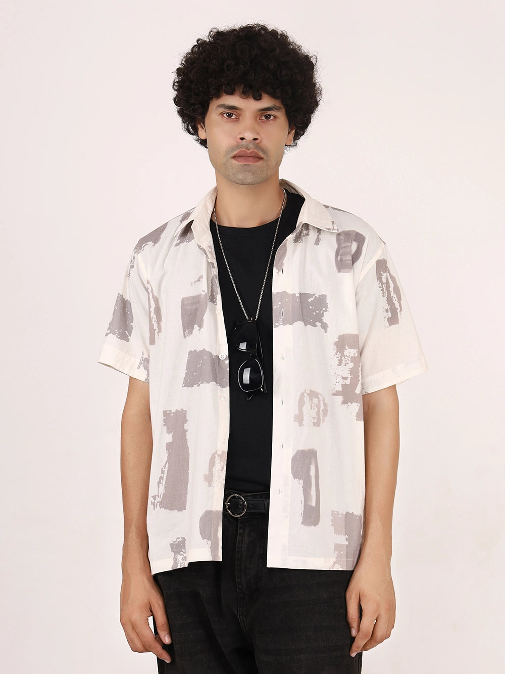 Brushstroke Off-White Cotton Shirt – Half Sleeves | Bristow Collection