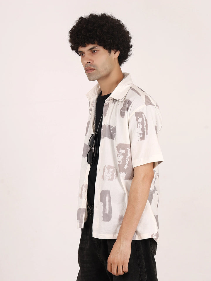 Brushstroke Off-White Cotton Shirt – Half Sleeves | Bristow Collection