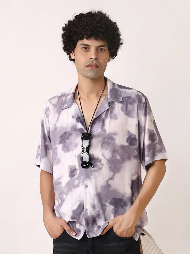 Purple Cloudburst Viscose Resort Shirt with Cuban Collar