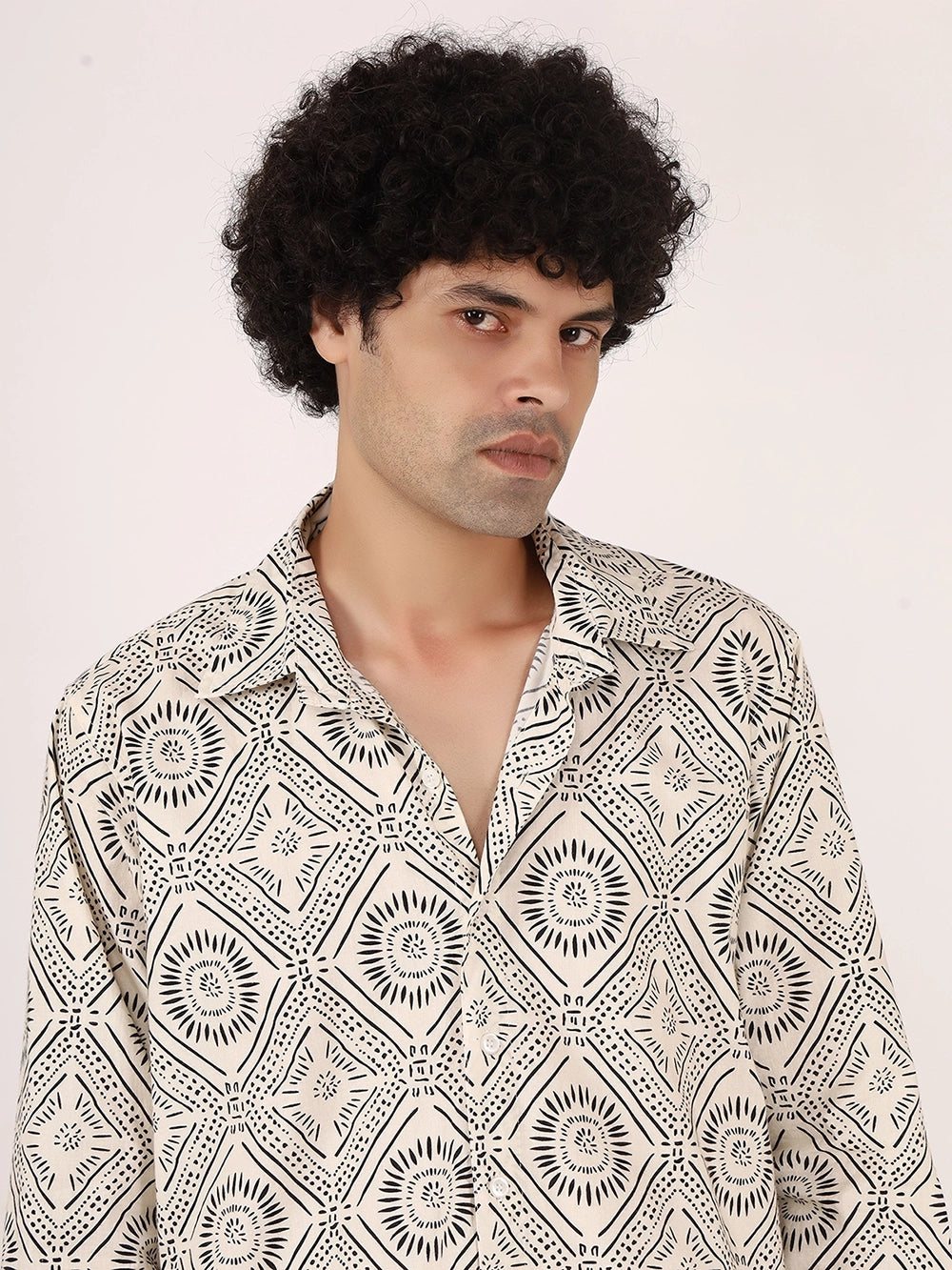 Geometric Print Off-White & Black Cotton Shirt – Full Sleeves, Regular Collar, Relaxed Fit