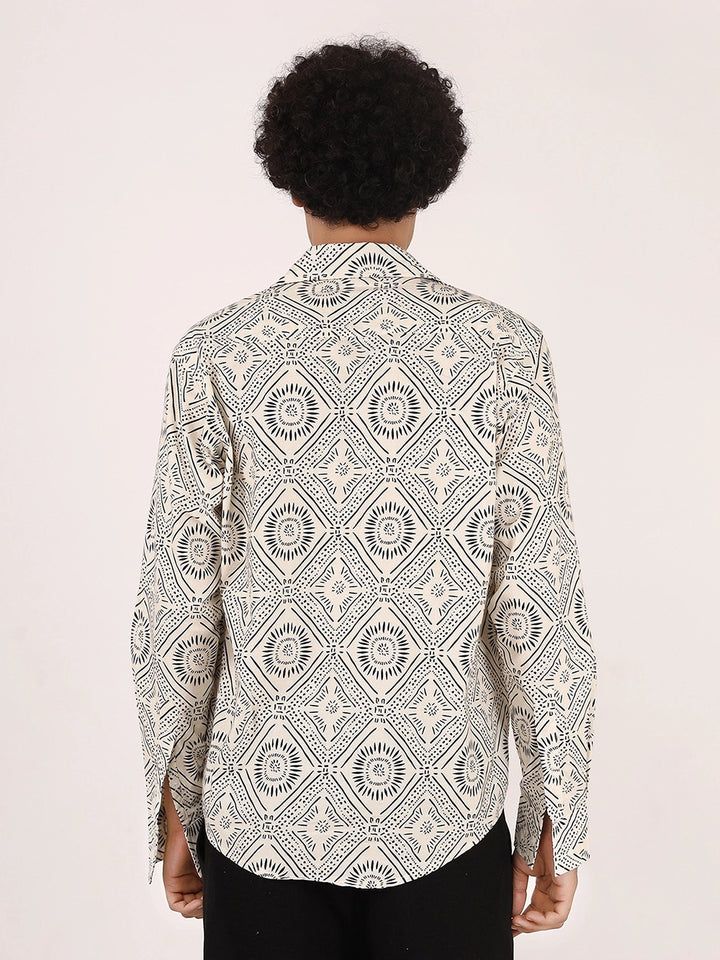 Geometric Print Off-White & Black Cotton Shirt – Full Sleeves, Regular Collar, Relaxed Fit