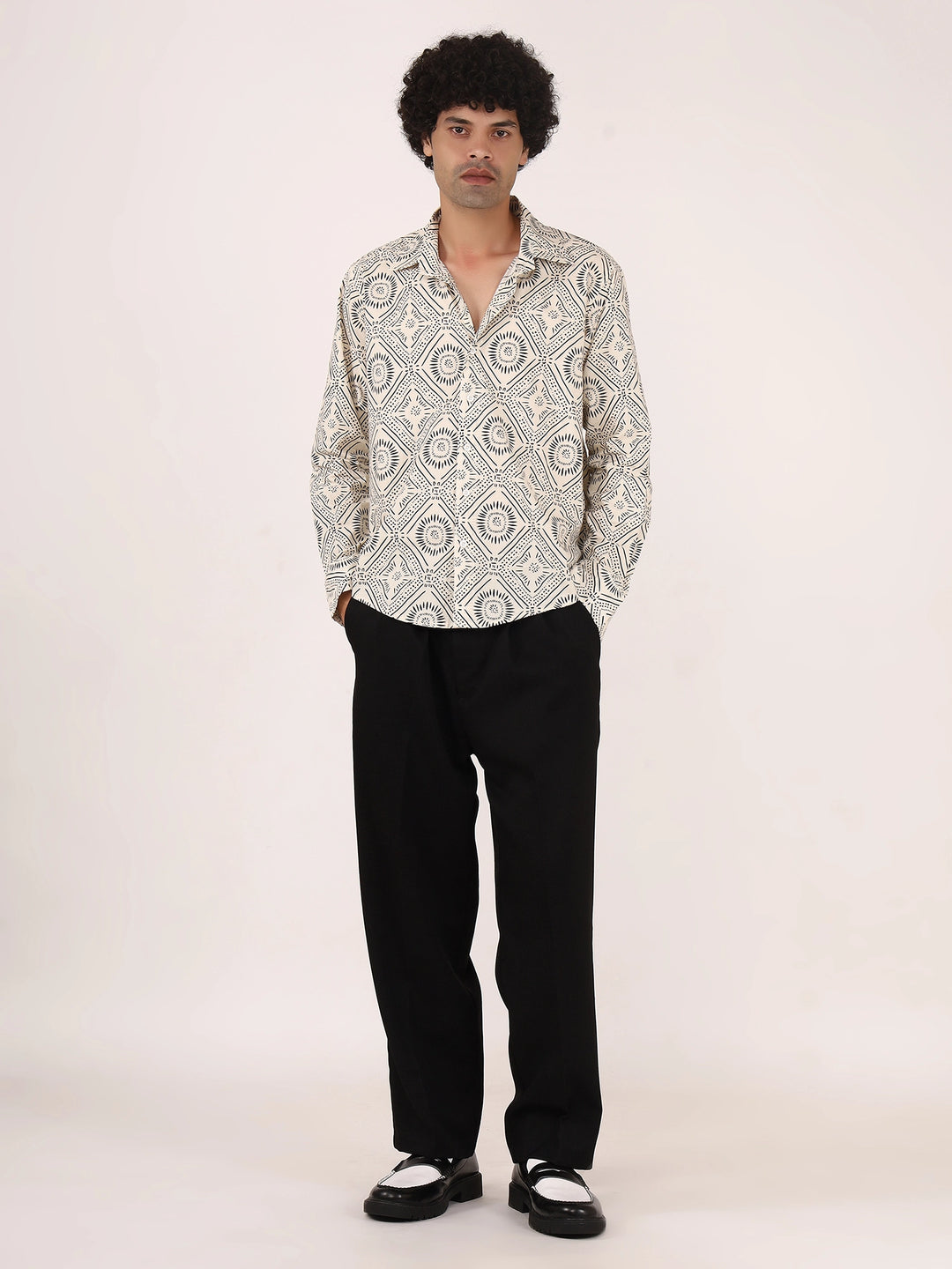 Geometric Print Off-White & Black Cotton Shirt – Full Sleeves, Regular Collar, Relaxed Fit