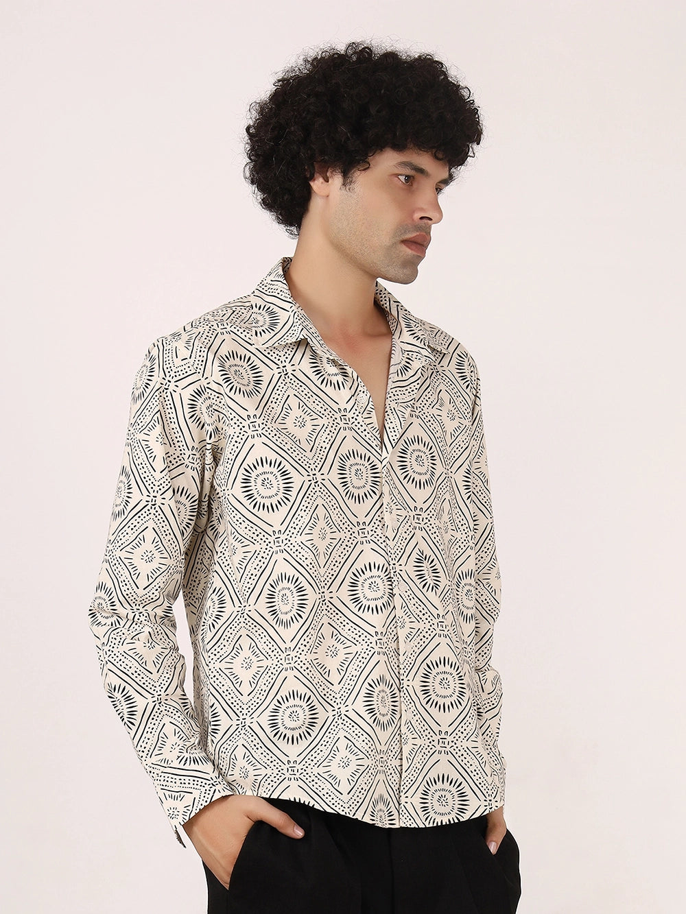 Geometric Print Off-White & Black Cotton Shirt – Full Sleeves, Regular Collar, Relaxed Fit