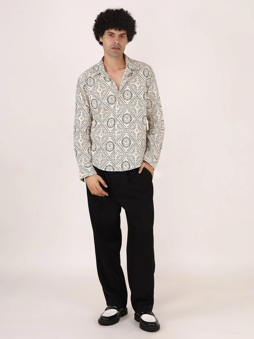 Geometric Print Off-White & Black Cotton Shirt – Full Sleeves, Regular Collar, Relaxed Fit