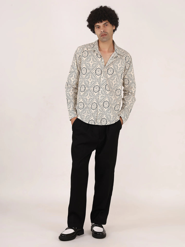 Geometric Print Off-White & Black Cotton Shirt – Full Sleeves, Regular Collar, Relaxed Fit