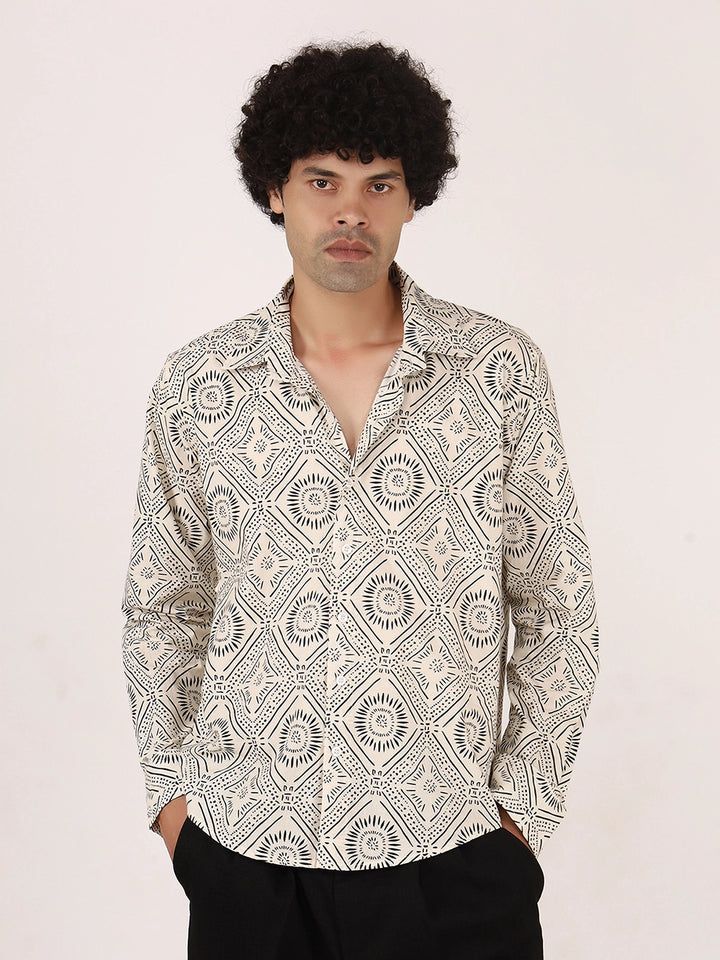 Geometric Print Off-White & Black Cotton Shirt – Full Sleeves, Regular Collar, Relaxed Fit
