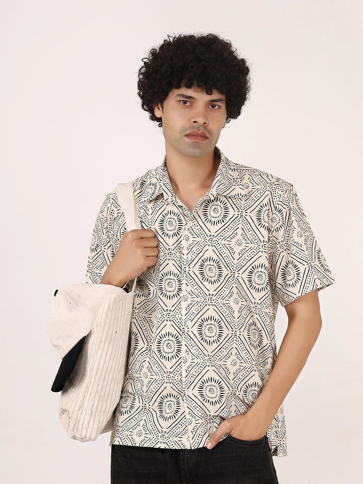 Off-White & Black Geometric Print Cotton Shirt – Half Sleeves, Relaxed Fit