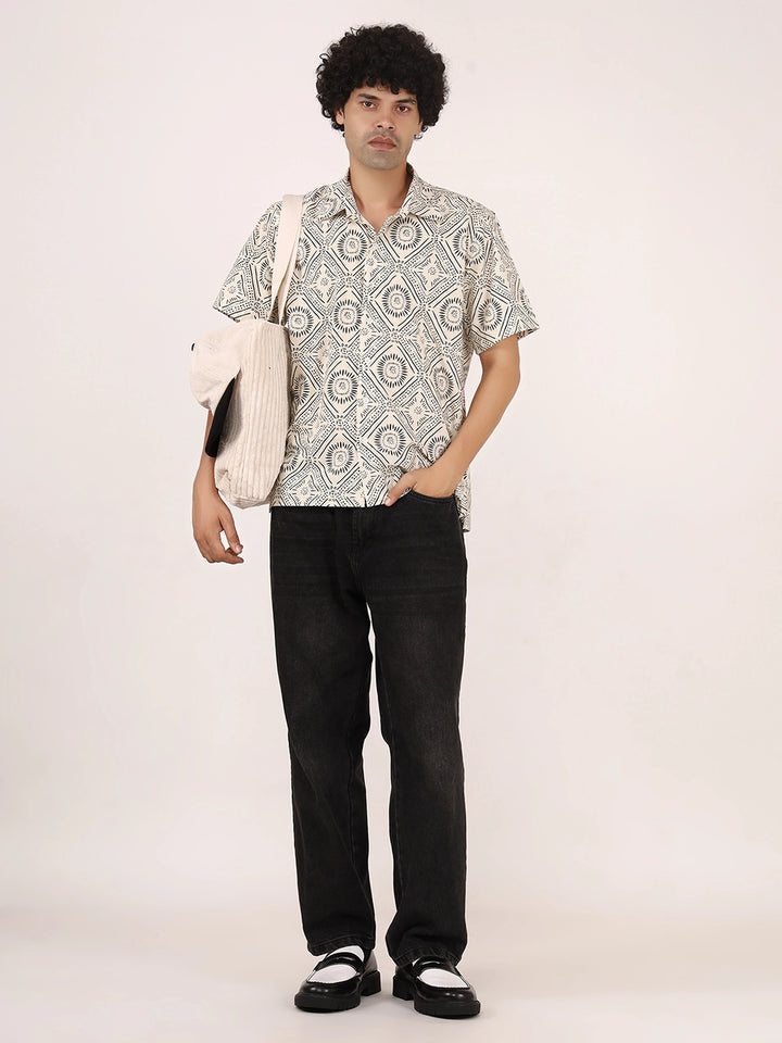 Off-White & Black Geometric Print Cotton Shirt – Half Sleeves, Relaxed Fit