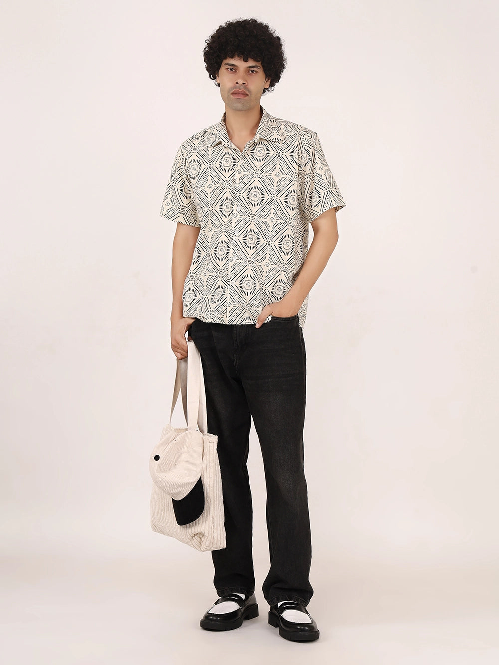 Off-White & Black Geometric Print Cotton Shirt – Half Sleeves, Relaxed Fit