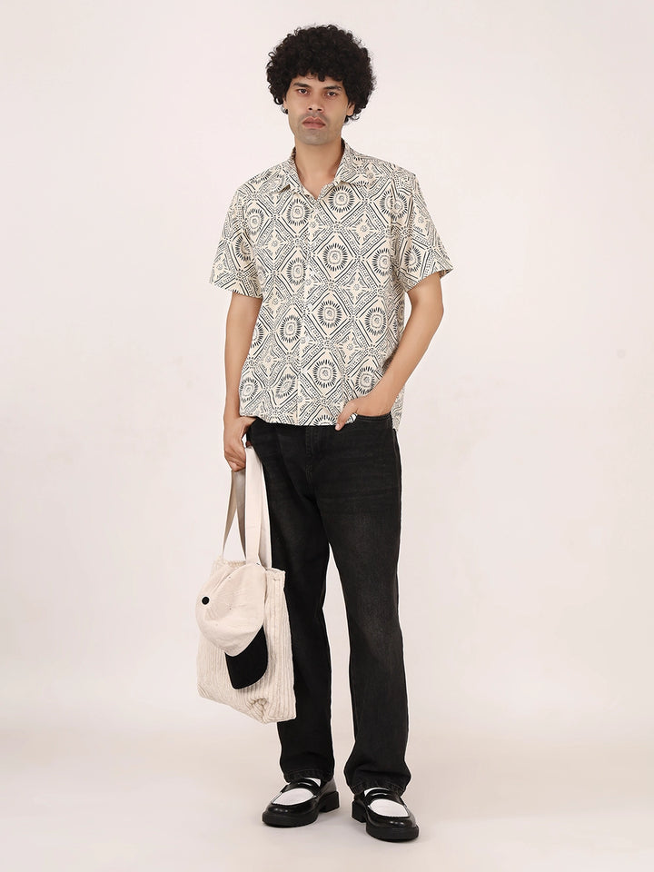 Off-White & Black Geometric Print Cotton Shirt – Half Sleeves, Relaxed Fit