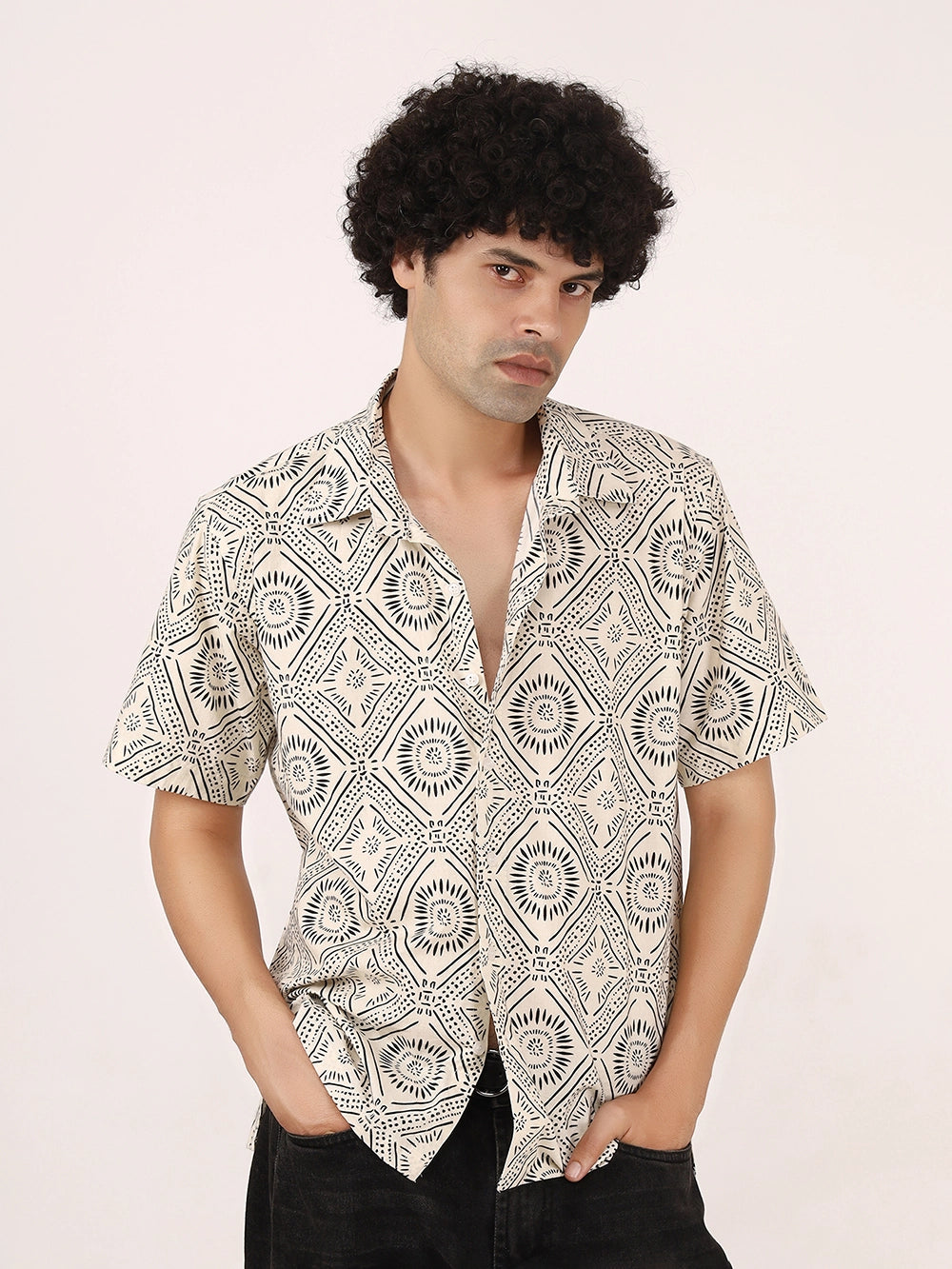Off-White & Black Geometric Print Cotton Shirt – Half Sleeves, Relaxed Fit