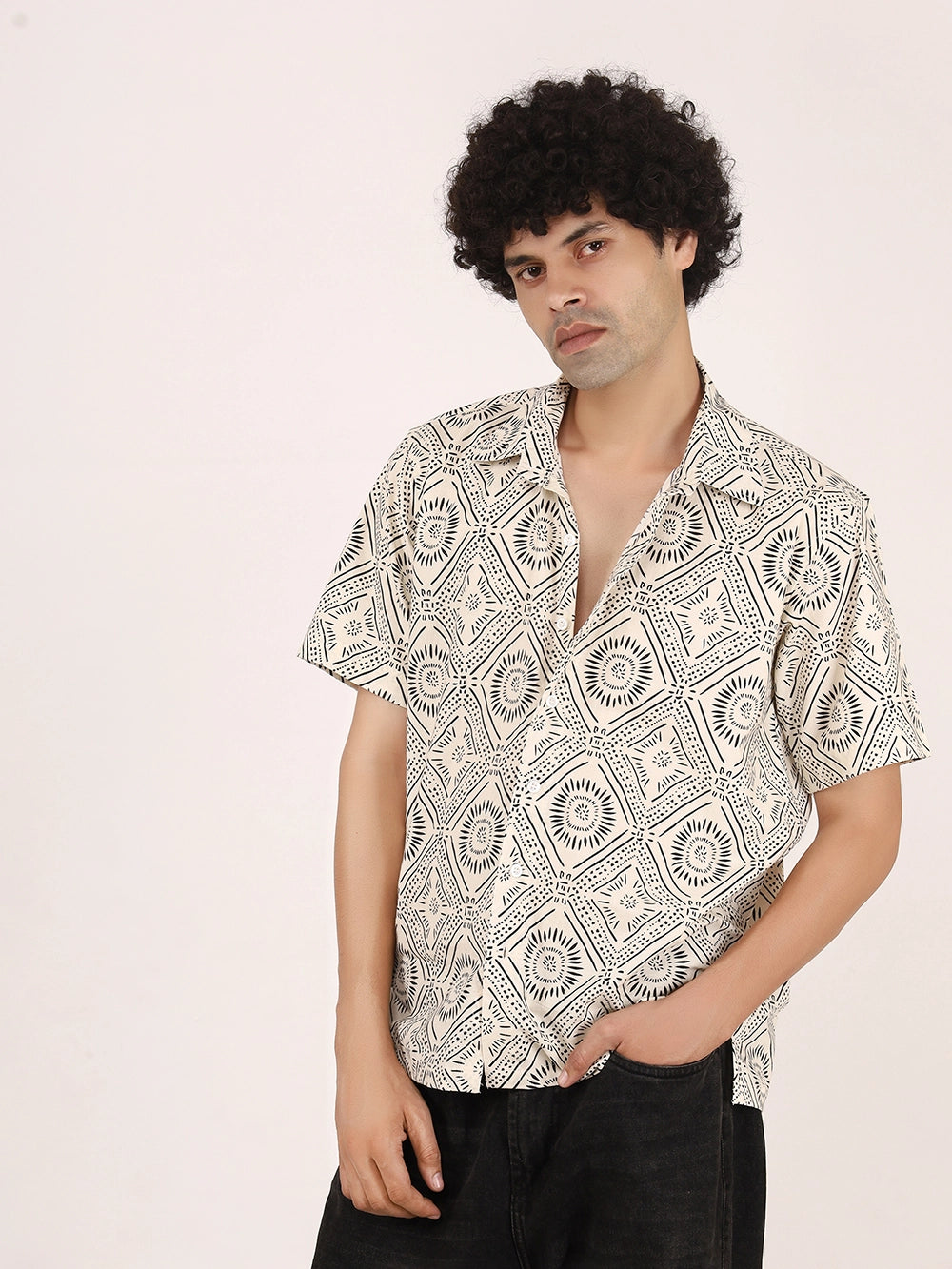 Off-White & Black Geometric Print Cotton Shirt – Half Sleeves, Relaxed Fit