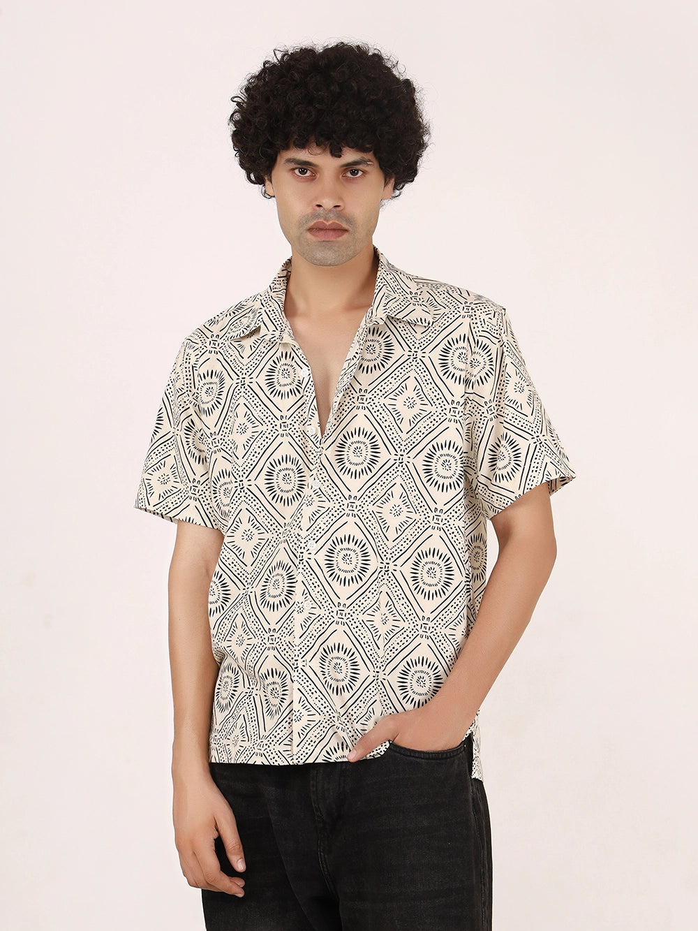 Off-White & Black Geometric Print Cotton Shirt – Half Sleeves, Relaxed Fit