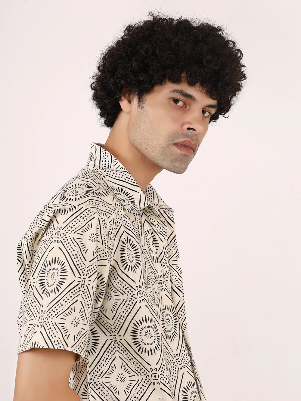 Off-White & Black Geometric Print Cotton Shirt – Half Sleeves, Relaxed Fit