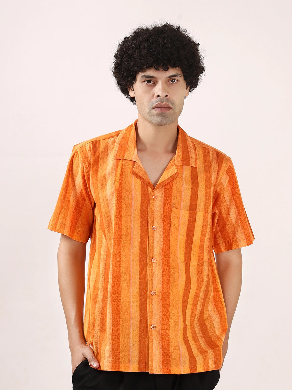 Orange Vertical Striped Cotton Shirt – 100% Cotton, Short Sleeves, Relaxed Fit