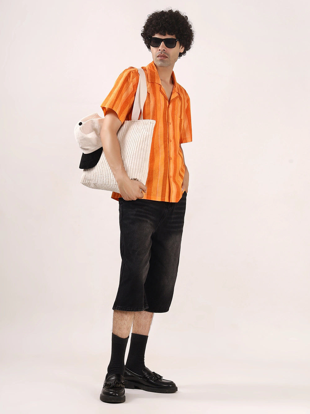 Orange Vertical Striped Cotton Shirt – 100% Cotton, Short Sleeves, Relaxed Fit