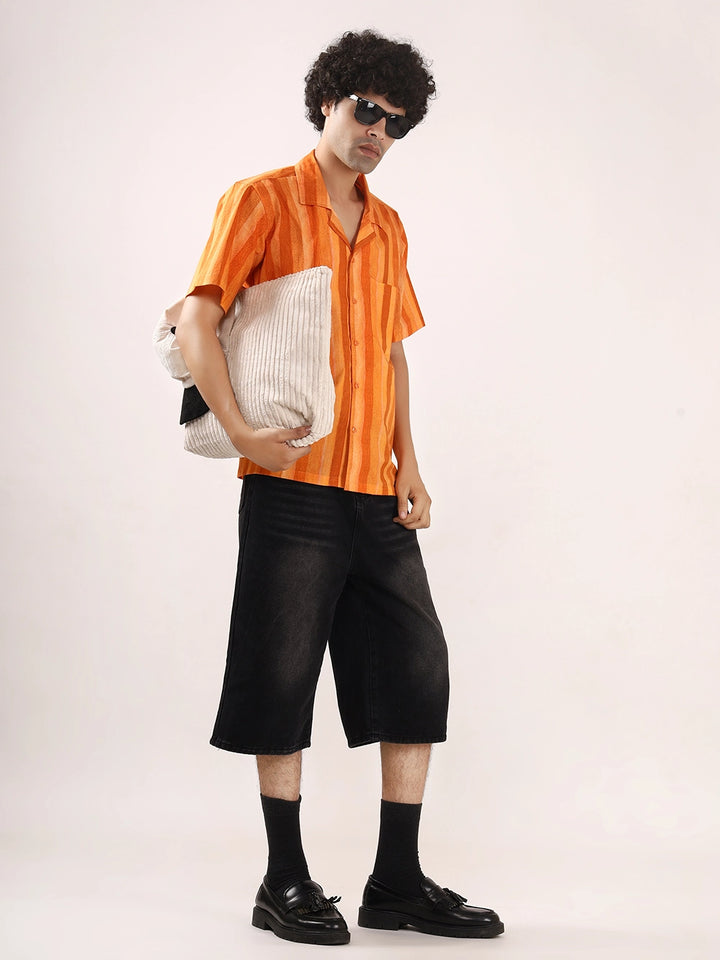 Orange Vertical Striped Cotton Shirt – 100% Cotton, Short Sleeves, Relaxed Fit