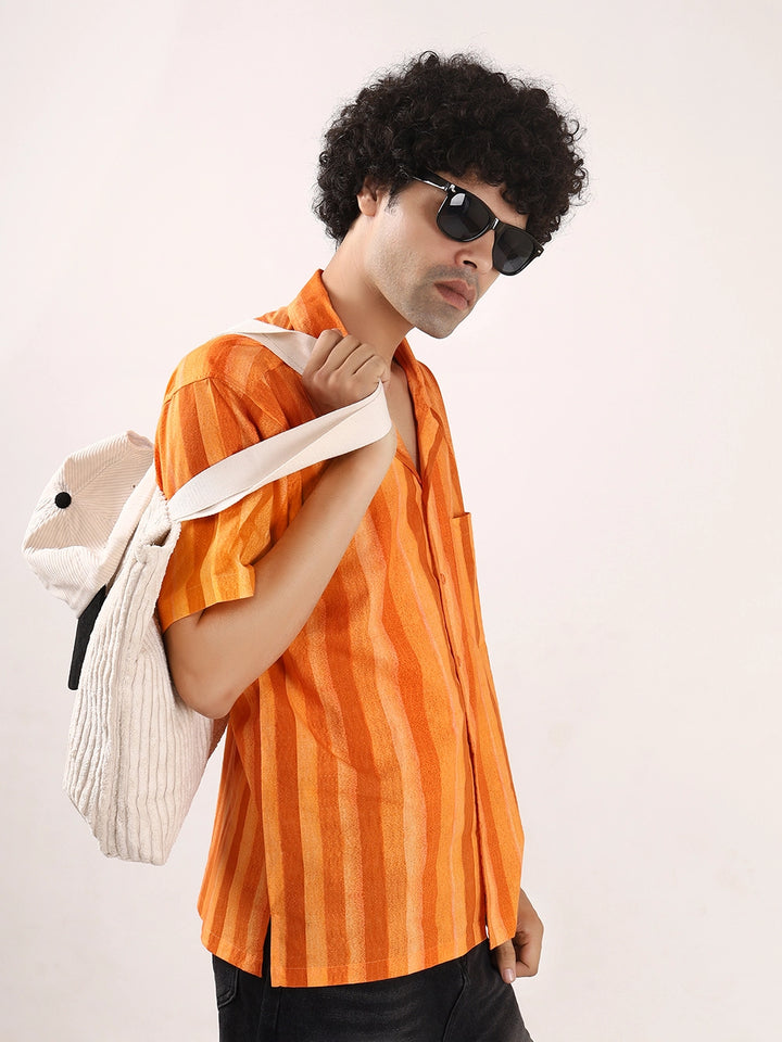 Orange Vertical Striped Cotton Shirt – 100% Cotton, Short Sleeves, Relaxed Fit