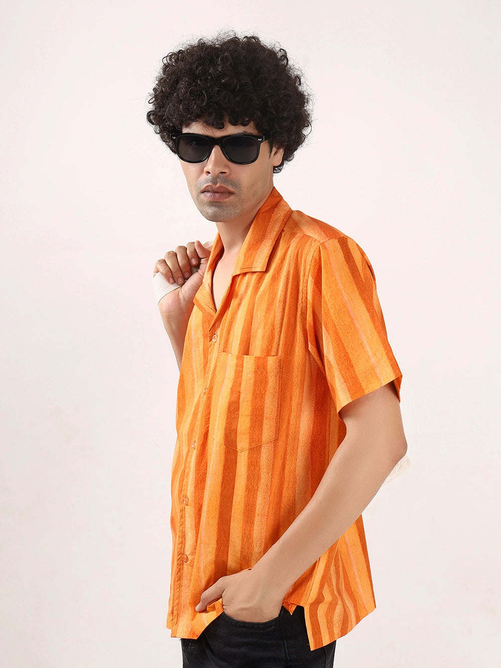 Orange Vertical Striped Cotton Shirt – 100% Cotton, Short Sleeves, Relaxed Fit