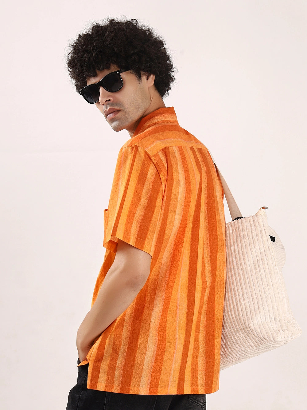 Orange Vertical Striped Cotton Shirt – 100% Cotton, Short Sleeves, Relaxed Fit