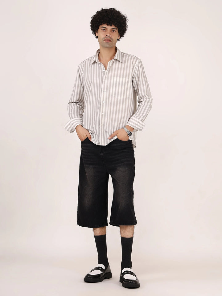 Vertical Striped Grey & White  Cotton Shirt | Full Sleeves, Relaxed Fit