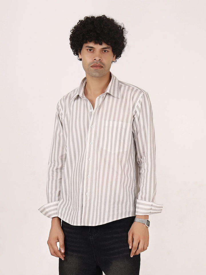 Vertical Striped Grey & White  Cotton Shirt | Full Sleeves, Relaxed Fit