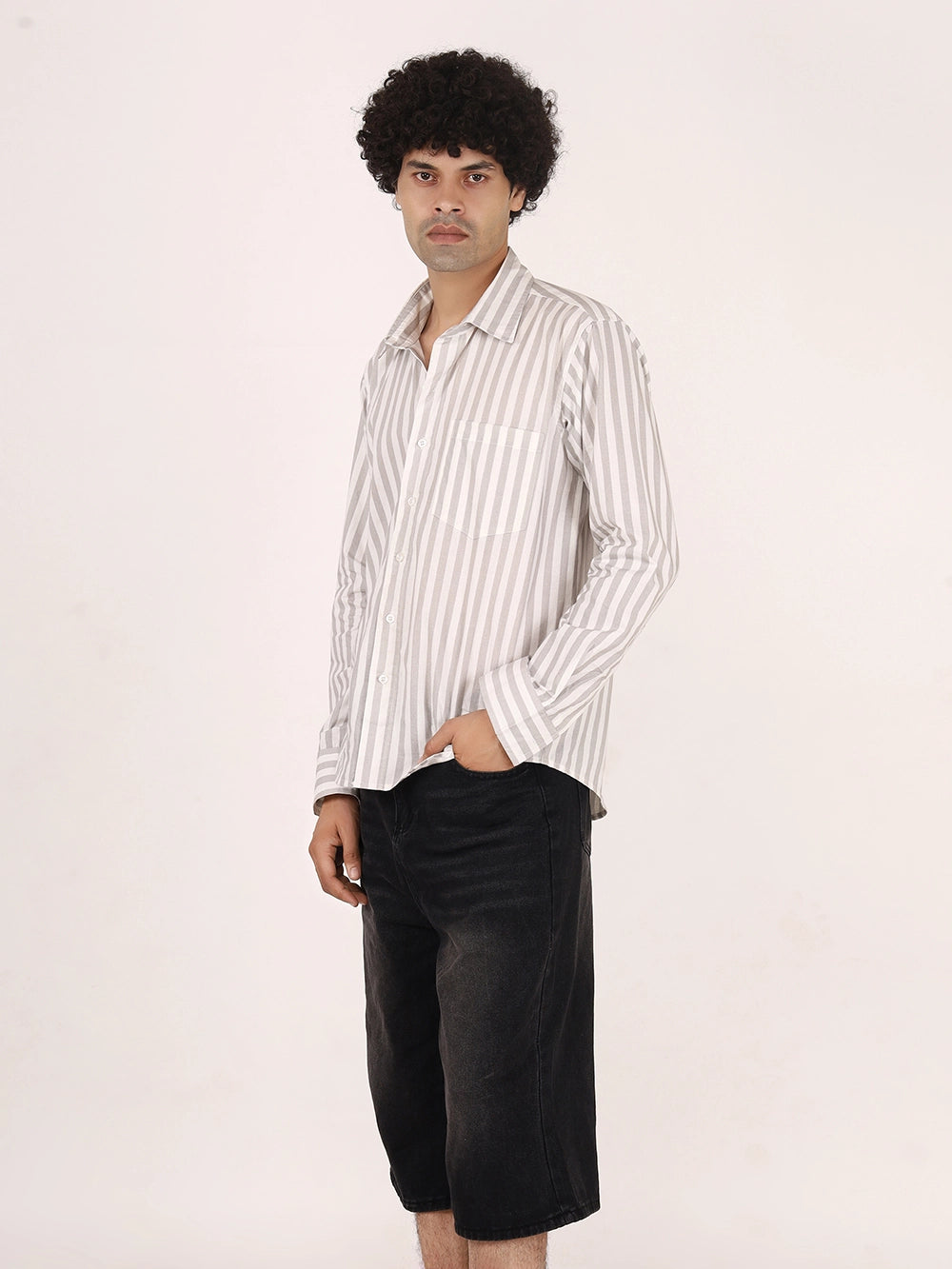 Vertical Striped Grey & White  Cotton Shirt | Full Sleeves, Relaxed Fit