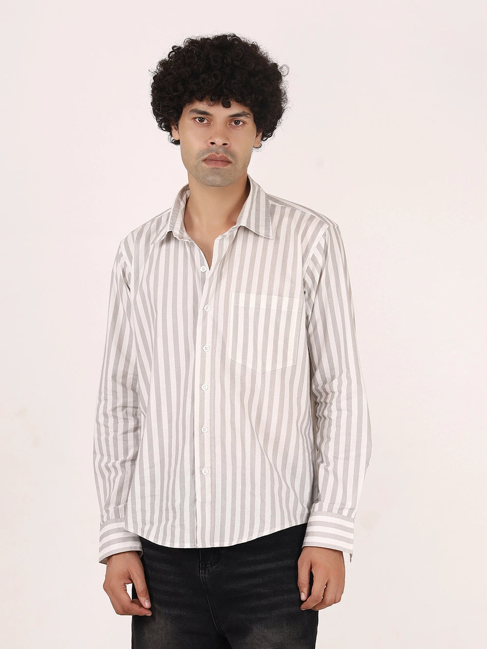 Vertical Striped Grey & White  Cotton Shirt | Full Sleeves, Relaxed Fit