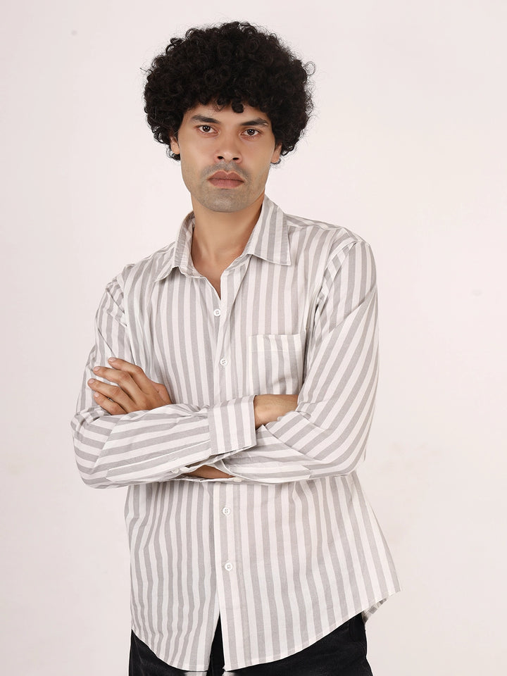 Vertical Striped Grey & White  Cotton Shirt | Full Sleeves, Relaxed Fit