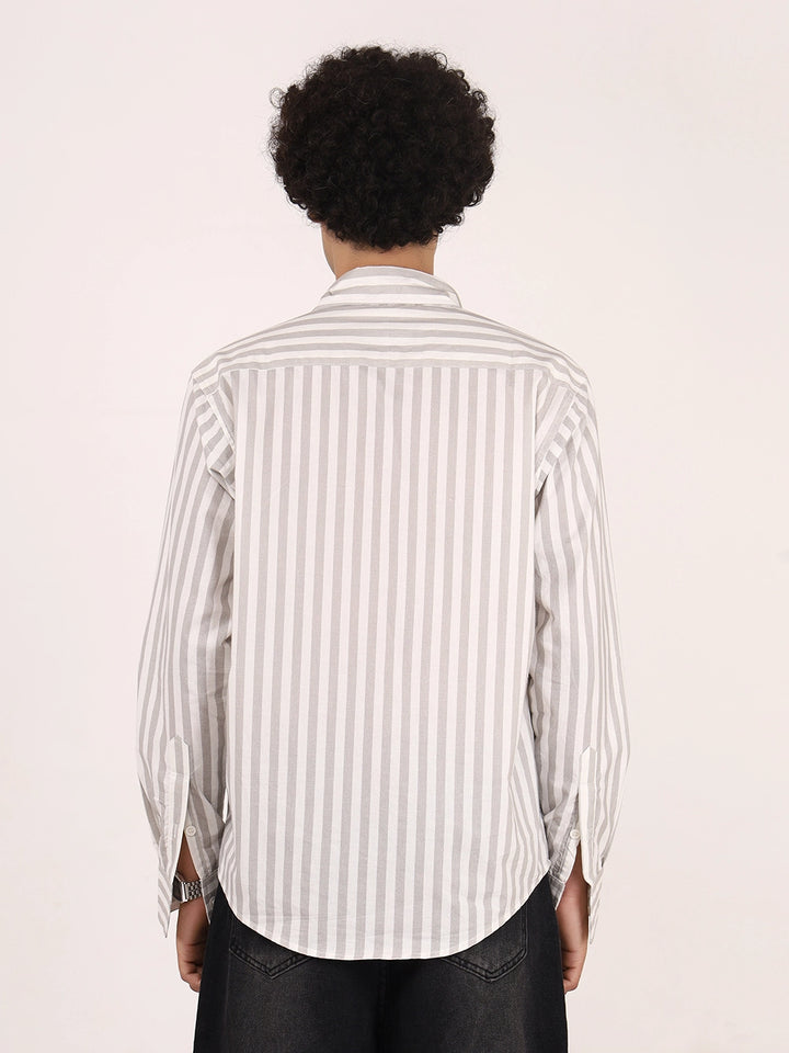 Vertical Striped Grey & White  Cotton Shirt | Full Sleeves, Relaxed Fit