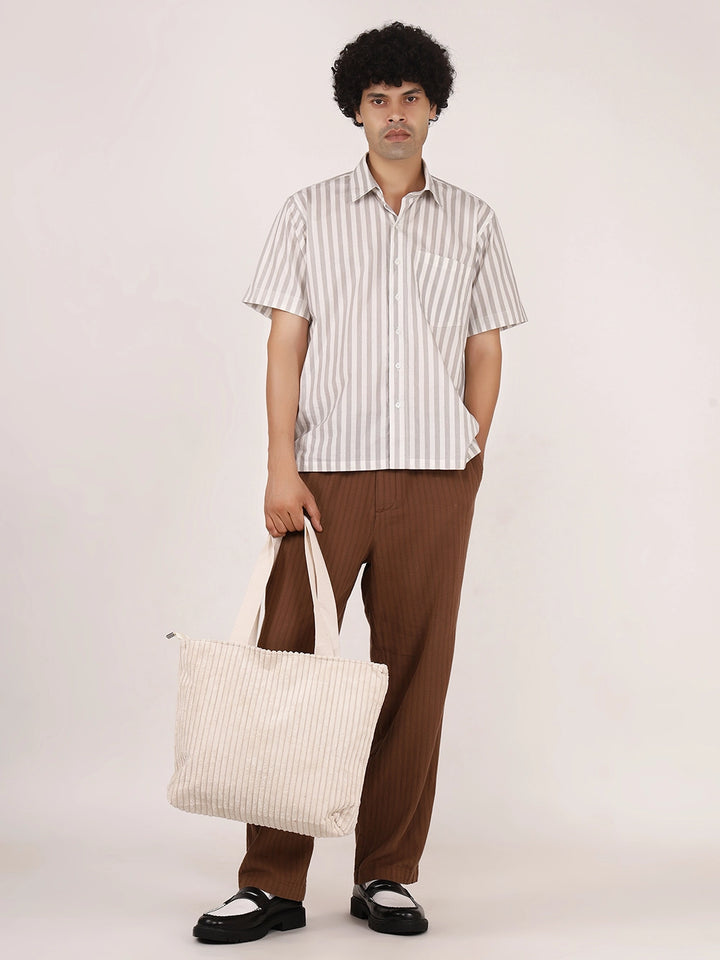 White & Grey Vertical Striped Cotton Shirt – Half Sleeves, Relaxed Fit