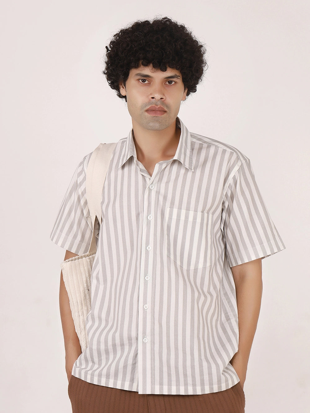 White & Grey Vertical Striped Cotton Shirt – Half Sleeves, Relaxed Fit