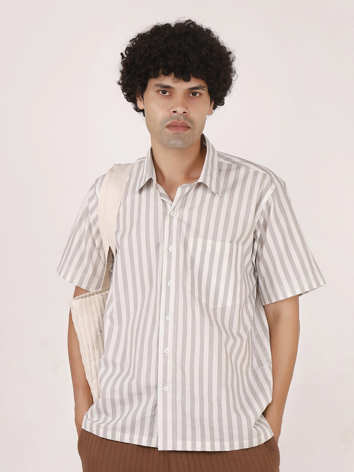 White & Grey Vertical Striped Cotton Shirt – Half Sleeves, Relaxed Fit