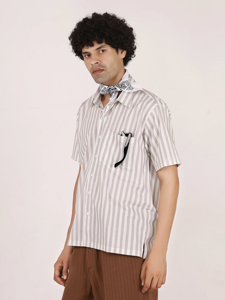 White & Grey Vertical Striped Cotton Shirt – Half Sleeves, Relaxed Fit