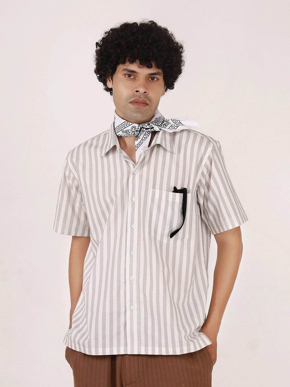 White & Grey Vertical Striped Cotton Shirt – Half Sleeves, Relaxed Fit