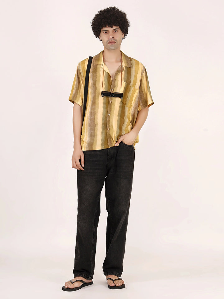Rustic Mustard Ombre Vertical Stripe Viscose Shirt – Half Sleeves, Cuban Collar, Relaxed Fit