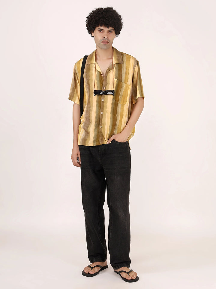 Rustic Mustard Ombre Vertical Stripe Viscose Shirt – Half Sleeves, Cuban Collar, Relaxed Fit