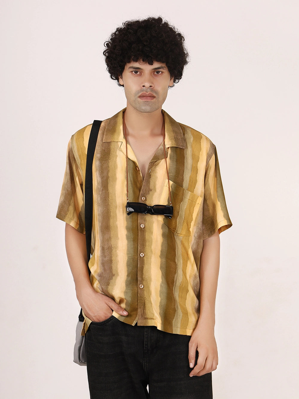 Rustic Mustard Ombre Vertical Stripe Viscose Shirt – Half Sleeves, Cuban Collar, Relaxed Fit