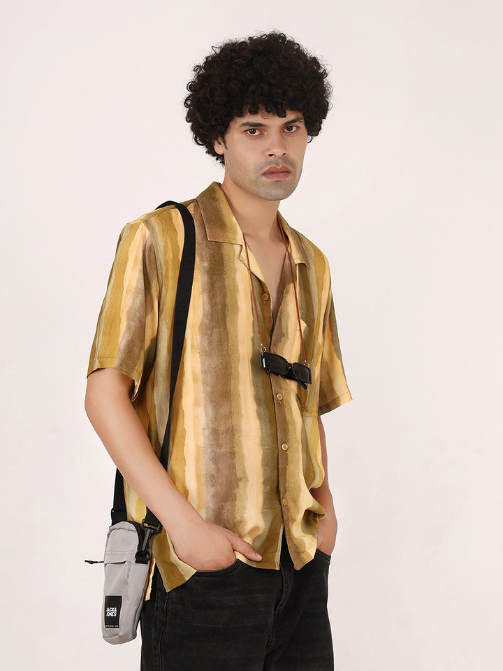 Rustic Mustard Ombre Vertical Stripe Viscose Shirt – Half Sleeves, Cuban Collar, Relaxed Fit
